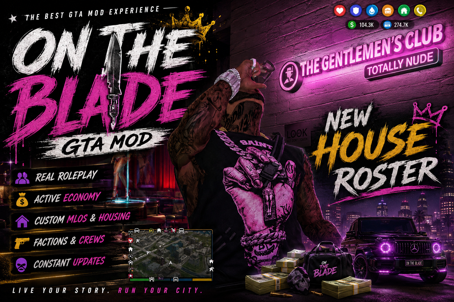 On The Blade mod artwork showing a nightclub, player, vehicle, city map, cash, and crew features