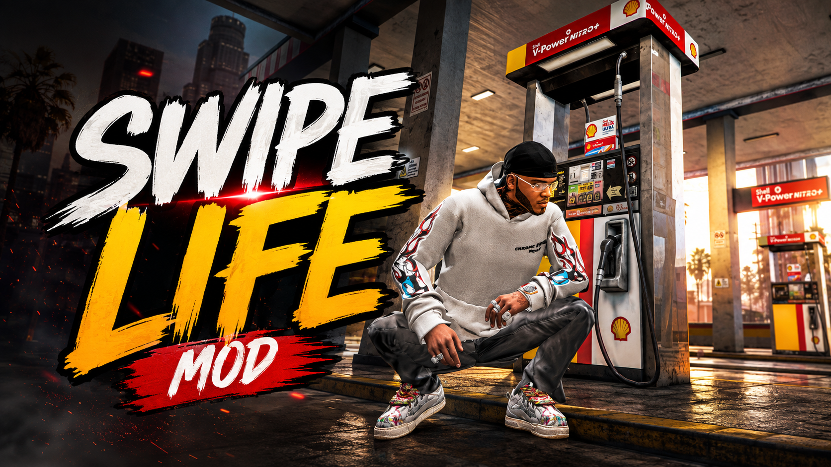 Swipe Life mod artwork showing a character beside a fuel pump