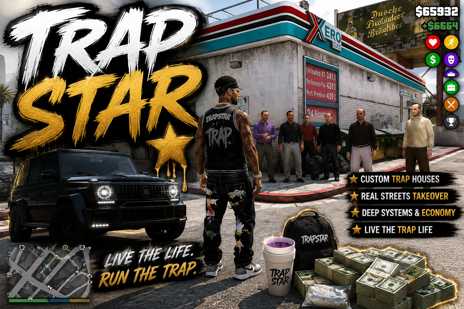 TrapStar mod artwork showing a player, trap house crew, vehicle, cash, and product